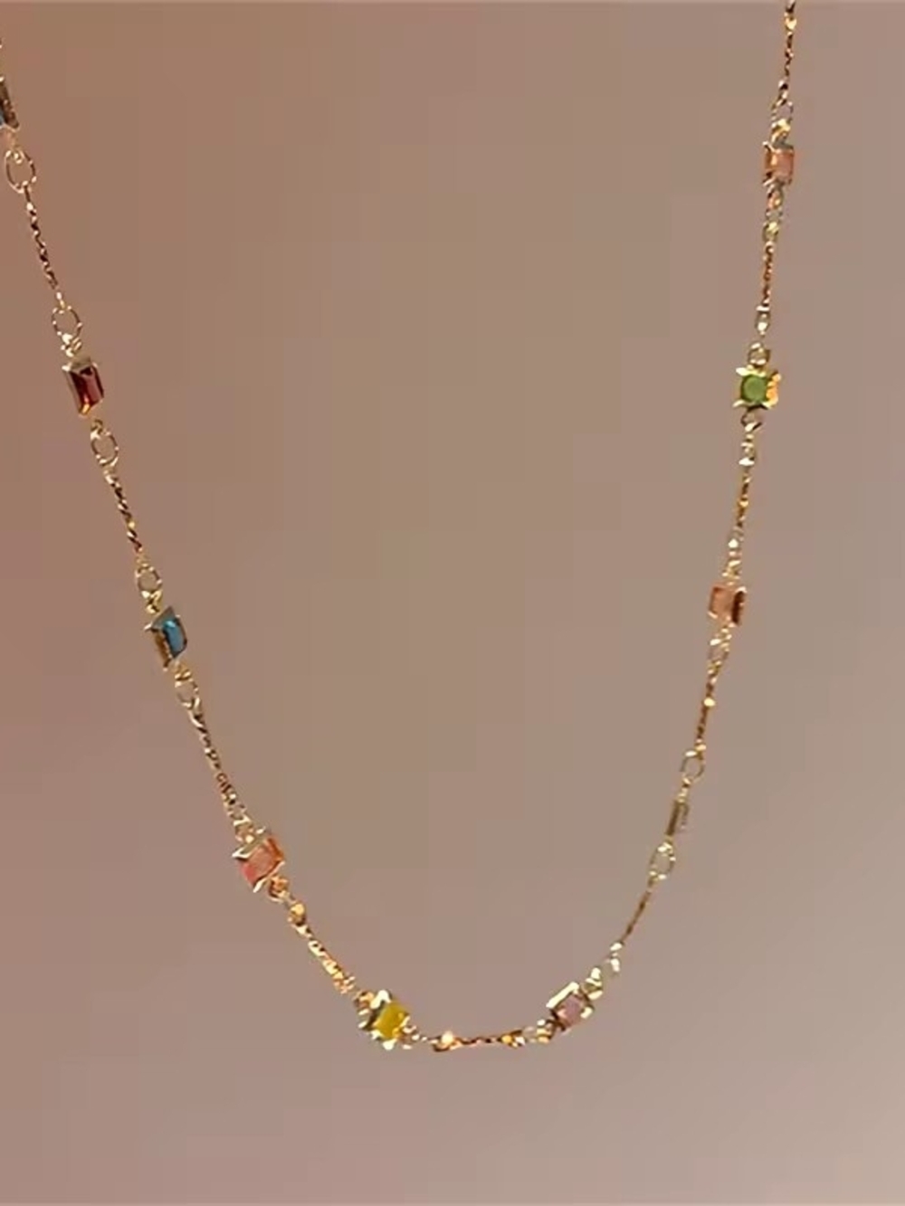 Gold Chain Necklace with Multicolor Natural Stone Gem Accents - Women Jewelry